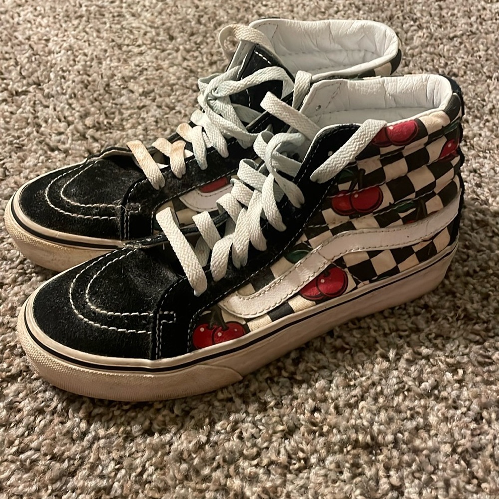 Kid’s size 3.5 Old school black and white checkered Vans with Cherries